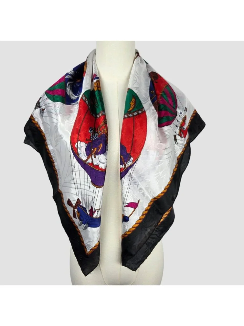 Vintage Hot Air Balloon & Cherub Silk Scarf Black Border White Gold 34
